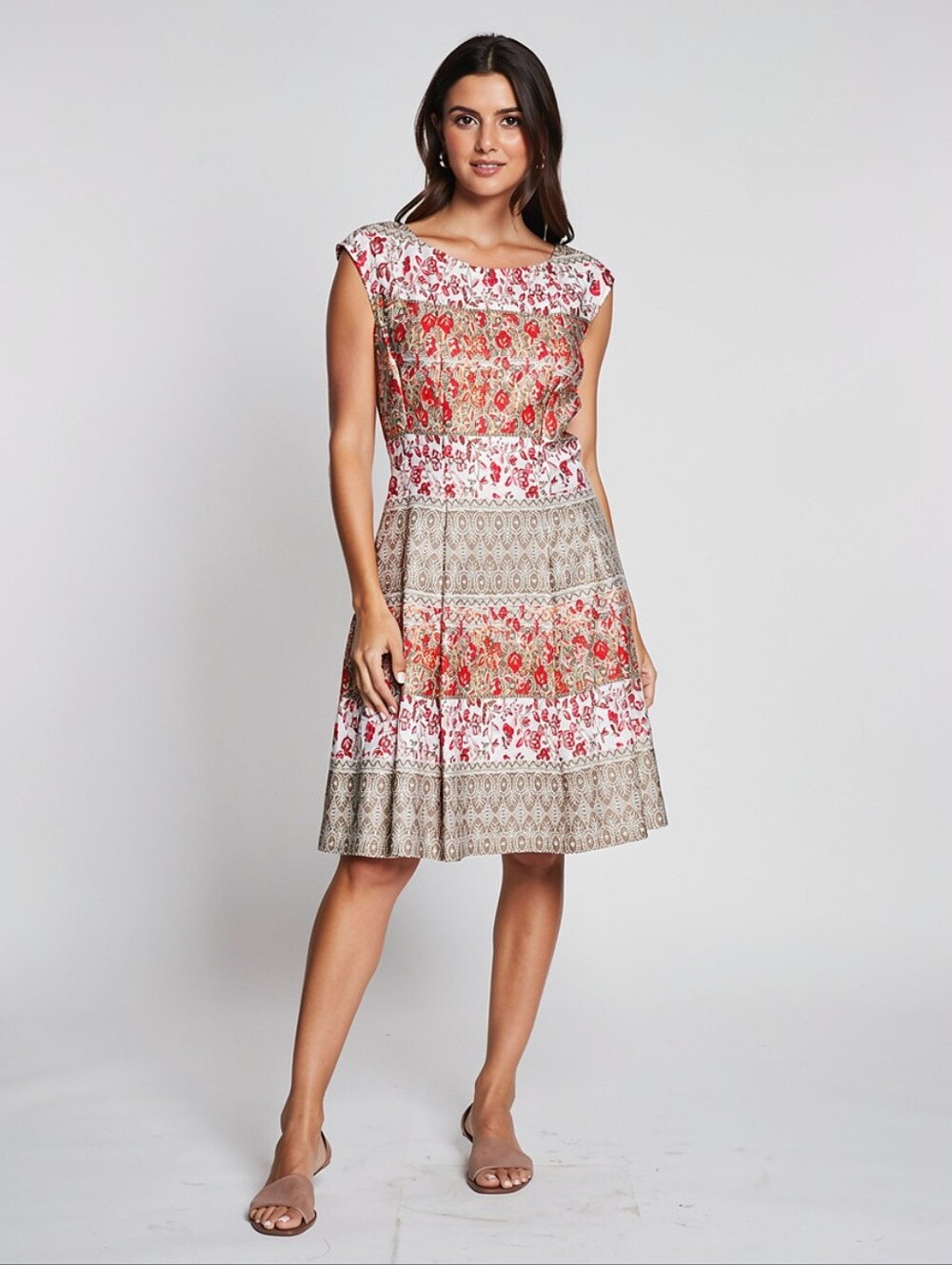 Julian Taylor NY Mixed Floral Geometric Fit & Flare Dress Red Taupe Size 6